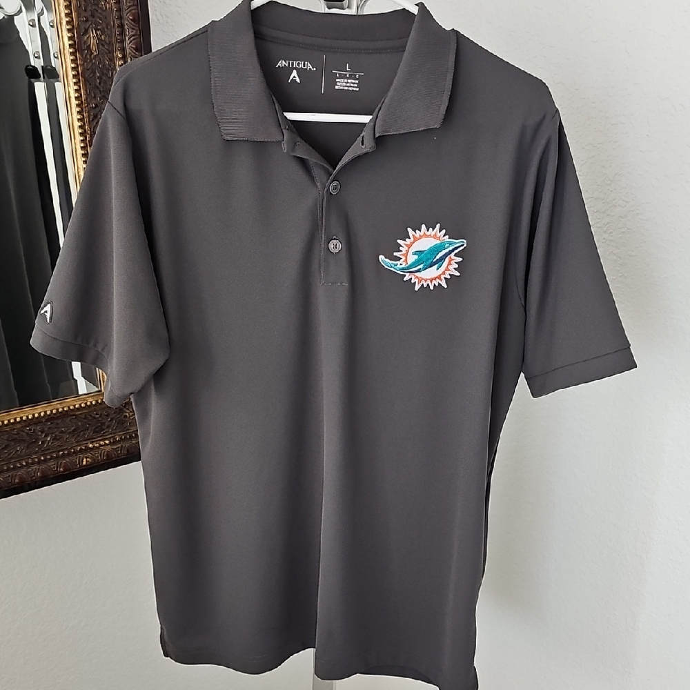 Antigua Men's Dark Gray Polo with Embroidered Miami Dolphins Logo Large